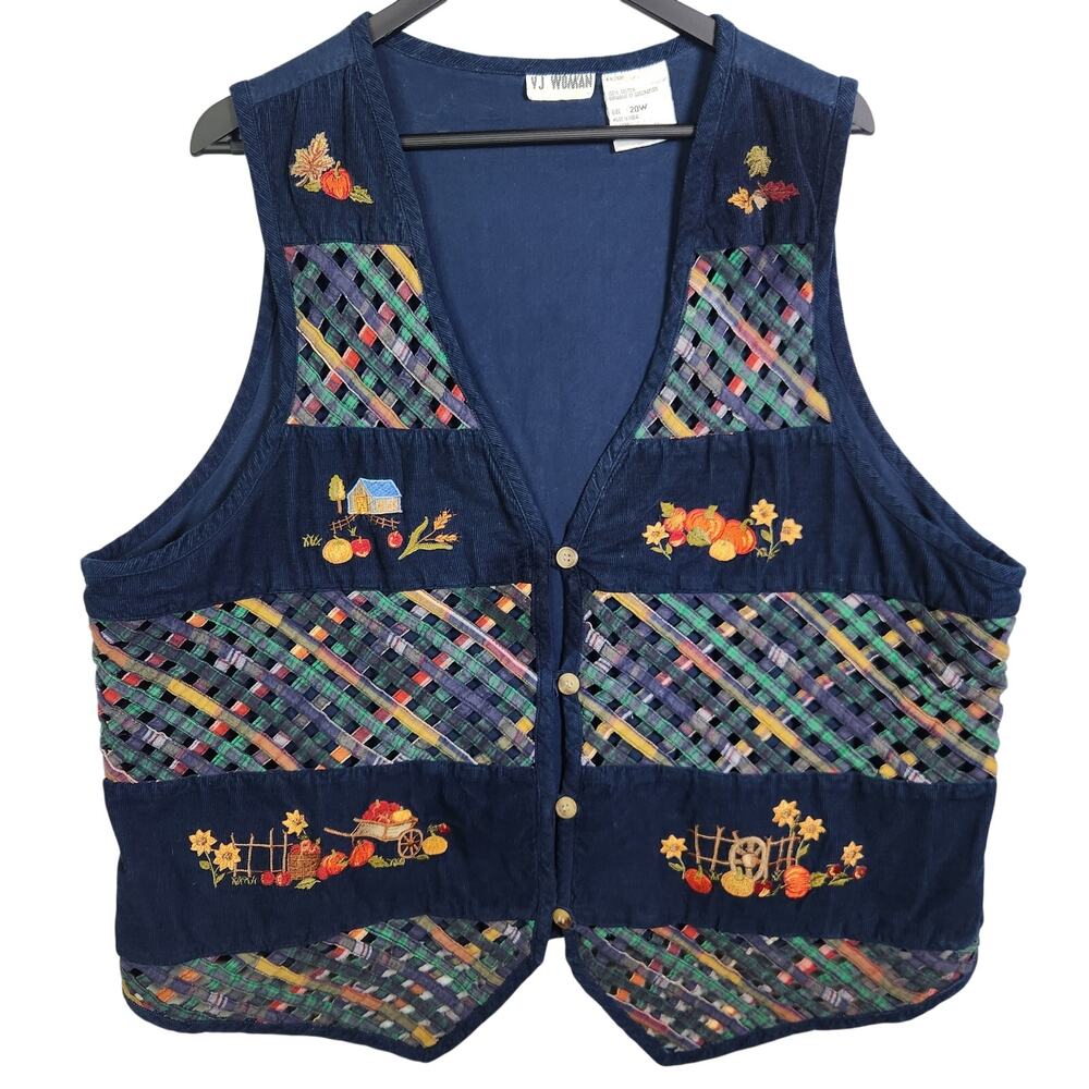 VTG Autumn Fall Corduroy Vest Plus Size 20W Women‎ Blue Basket Weave Embroidered